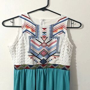 Vintage hostess gown Southwestern style teal polyester maxi XS